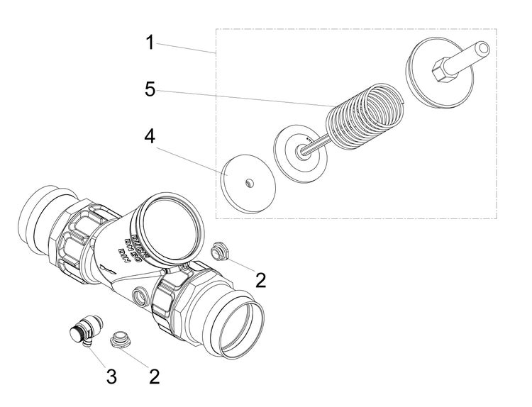 Explosionszeichnung einer DN50 Armatur mit Gehäuse, Feder-Mechanismus, Dichtungen und Entleerventil.