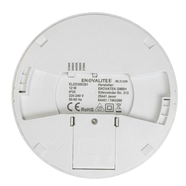 Rückansicht einer runden LED-Deckenleuchte von Enovalite mit technischem Etikett und einem Schiebeschalter zur Einstellung der Farbtemperatur.