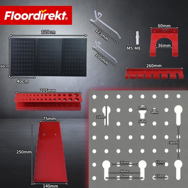 Floordirekt Logo. Werkzeugwand Maße: 120 Zentimeter Breite, 60 Zentimeter Höhe. Inklusive Haken, Halterungen und Details zum Lochmuster.