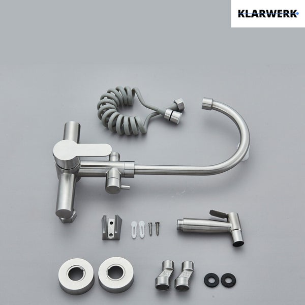 JULIE | Gastronomie Mischbatterie Wandmontage Armatur Silber | Profi Küchenarmatur Edelstahl mit Handbrause | Wasserhahn Restaurant Wand hoher Auslauf