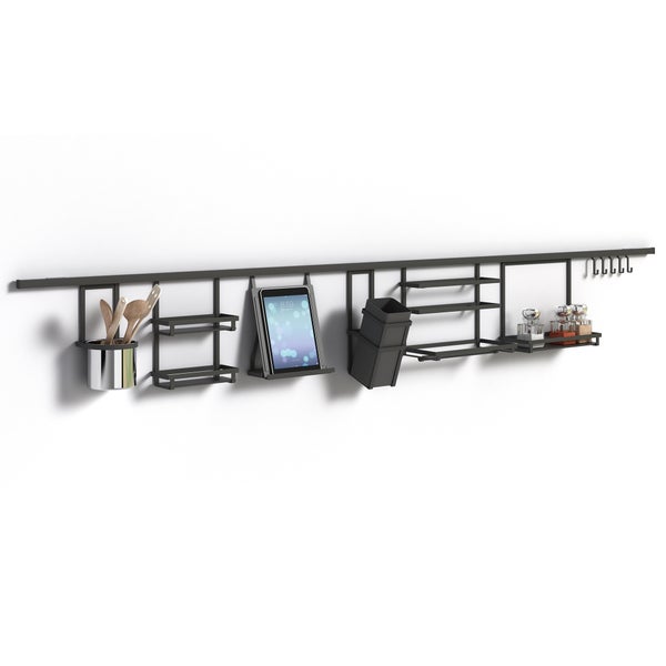 Küchenreling-Set in Schwarz mit Utensilienhalter, Gewürzregal, Tablet-Halter und Haken zur Wandmontage.