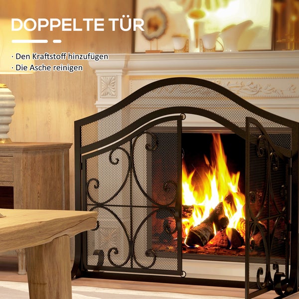 HOMCOM Kaminschutzgitter, Kamingitter mit magnetischen Türen, Ofenschutzgitter, Funkenschutzgitter für Wohnzimmer, Stahl, 105 x 80,5 cm, Schwarz