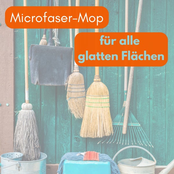 Reinigungsszene mit Mopp, Besen und Putzeimer