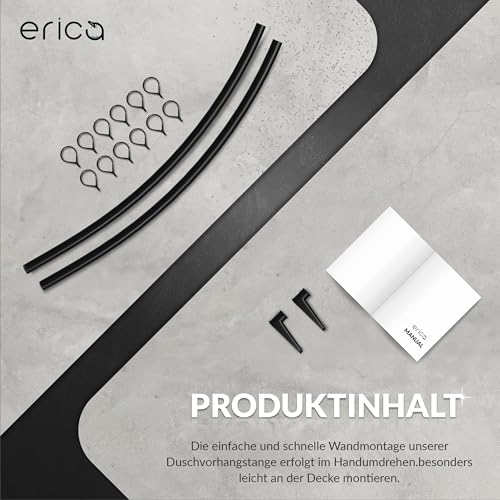 Erica Duschvorhangstange Ecke, 140x140 cm, Duschstange Winkel, Wandmontage für Badewannen, unterstützt ohne Deckenbefestigung, Schwarz Pulverbeschichteter Stahl, 100% Rostfrei