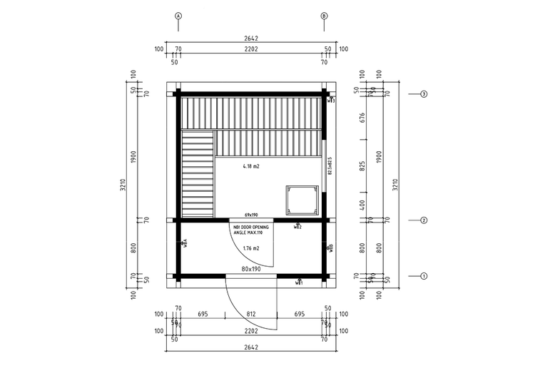 Technische Zeichnung mit Grundriss für ein Gartenhaus inklusive Maßangaben und Raumaufteilung.