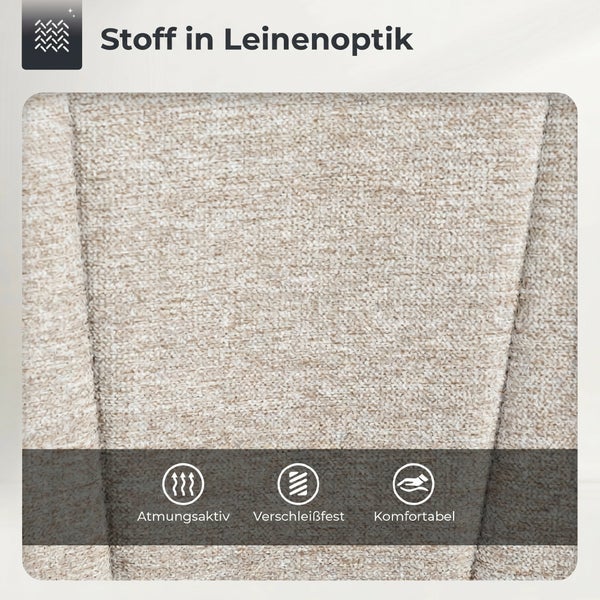 Nahaufnahme eines Stoffes in Leinenoptik. Die Materialeigenschaften sind atmungsaktiv, verschleißfest und komfortabel.