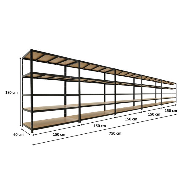 Schwarzes Metall-Schwerlastregal mit braunen Holzböden, 180 mal 750 mal 60 Zentimeter, 5 Segmente.