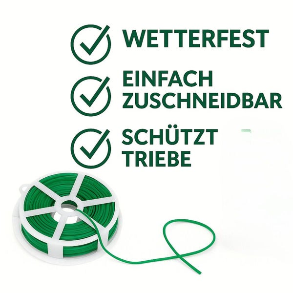 Abbildung eines grünen Pflanzenbindedrahtes auf einer Spule mit den Eigenschaften wetterfest, einfach zuschneidbar und schützt Triebe.