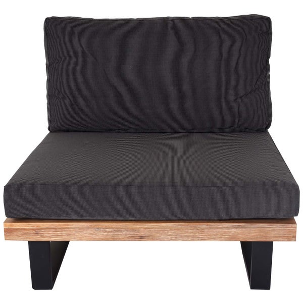 Loungesessel-Modul mit dunklen, gestreiften Polstern auf einem Holzgestell mit schwarzen Metallfüßen.