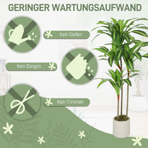 Künstliche Dracaena-Pflanze im Topf mit Hinweisen auf geringen Wartungsaufwand: kein Gießen, kein Düngen und kein Trimmen erforderlich.