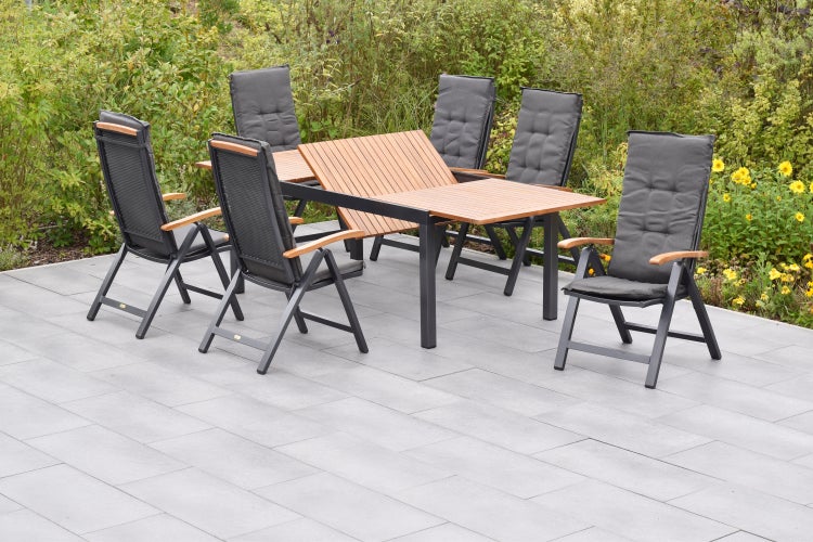 Tilos Gartenmöbelset 13tlg., Klappsessel inkl. Auflagen, Ausziehtisch 180 (250) x 100 cm