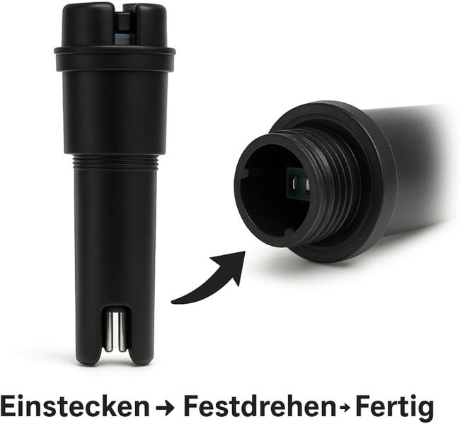 Schwarzer Sensor aus Kunststoff mit Steckverbindung und Gewinde. Text unterhalb lautet Einstecken, Festdrehen und Fertig.