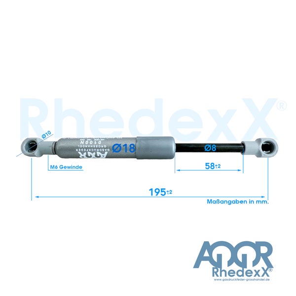 Gasdruckfeder Rhedexx 100 Newton mit Maßangaben, Gesamtlänge 195 Millimeter, Hub 58 Millimeter, M6 Gewinde.