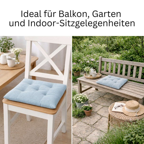 Gestepptes Sitzkissen in Blau mit Streifen auf einem weißen Stuhl im Innenbereich und einer hölzernen Gartenbank im Außenbereich.
