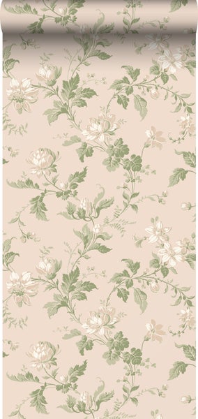 Borastapeter Tapete Blumenmuster Altrosa und Grün - 53 cm x 10.05 m - 660057