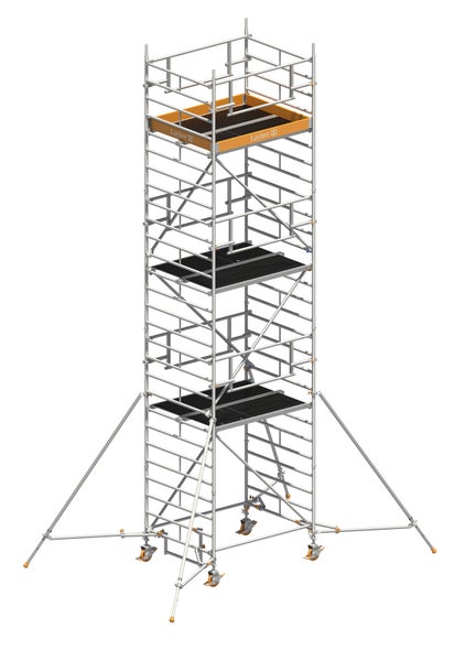 Rollgerüst mit mehreren Plattformen und Layher Logo
