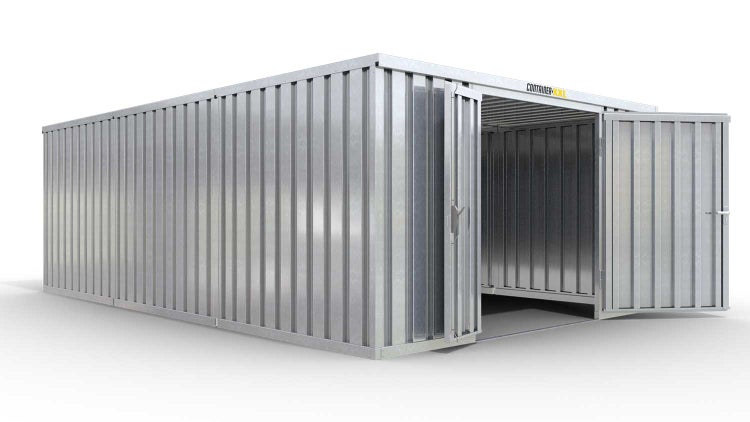 Lagercontainer Gerätehaus XL3  – 32 qm, H2115 x B5080 x T6520 mm, verzinkt, ohne Fußboden, 1830 mm Doppelflügeltür mittig in Stirnseite, zerlegt