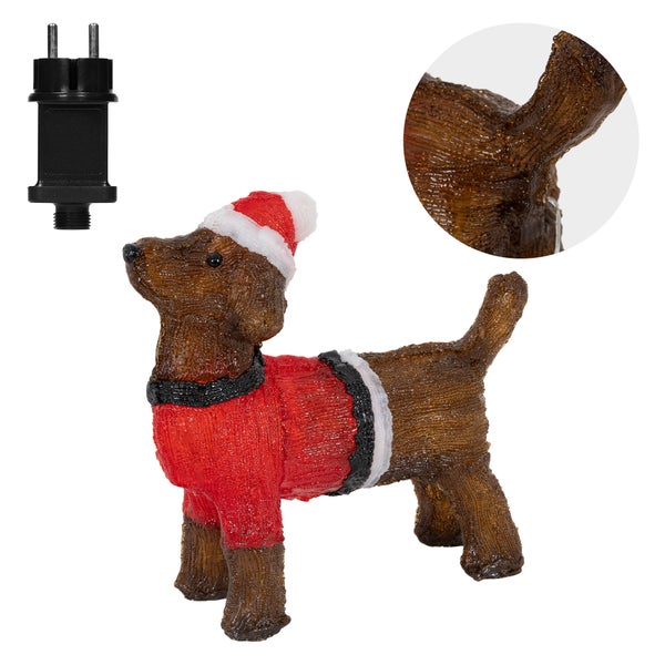 ECD Germany LED Weihnachten Hund Dackel mit Mütze und Pullover, 37x34 cm, Gartenfigur mit 40 warmweißen LEDs, IP44, Innen-Außen, Acryl Hundefigur, Weihnachtsfigur Weihnachtsbeleuchtung Weihnachtsdeko