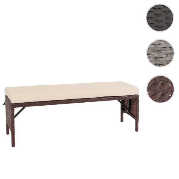 Gartenbank aus Polyrattan mit Sitzkissen, Materialbeispiele für Geflecht in verschiedenen Farben.