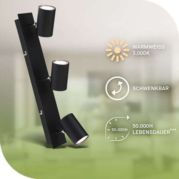 Schwarze LED-Deckenleuchte mit drei Strahlern, die warmweißes Licht mit 3.000 Kelvin erzeugen. Strahler sind schwenkbar und haben eine Lebensdauer von 50.000 Stunden.