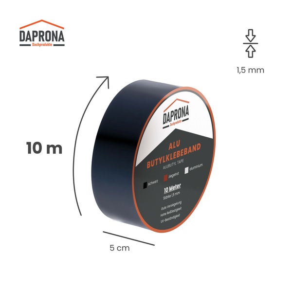 Daprona Aluminium Butylklebeband Rolle, 10 Meter lang, 5 Zentimeter breit und 1,5 Millimeter dick, Daprona Logo.