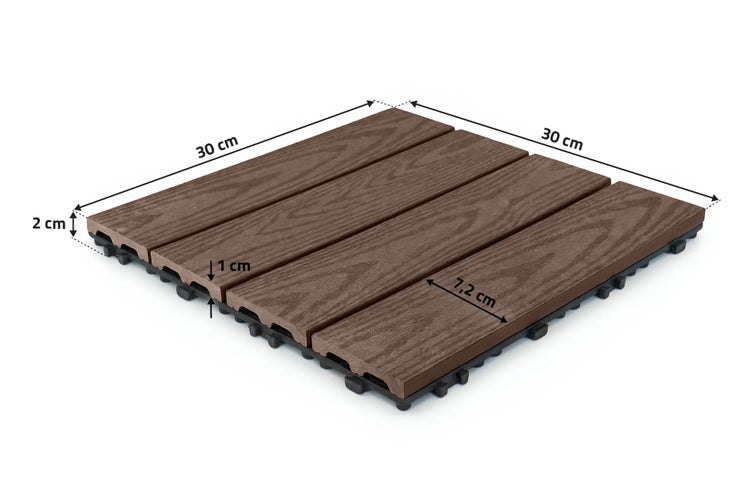 WPC Klickfliese mit Holzoptik Maße 30 mal 30 mal 2 Zentimeter für Terrasse und Balkon