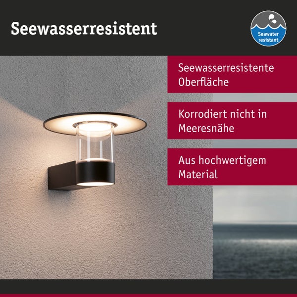 Seewasserresistente Außenwandleuchte aus hochwertigem Material, korrosionsbeständig in Küstennähe.