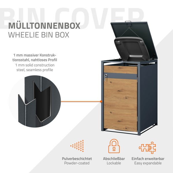 ML-Design Mülltonnenbox 1er für 1 Tonne 240L 68x80x116,3cm Anthrazit-Eichenoptik, Stahl, wetterfest, Abschließbare Mülltonnenverkleidung Klappdeckel/Tür, Müllbox Mülltonnecontainer Mülltonnenabdeckung