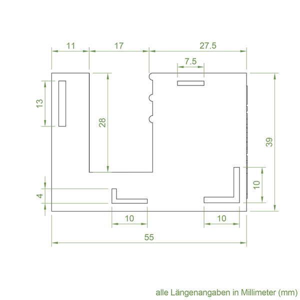 Technische Zeichnung eines Bauteils mit Maßangaben in Millimeter für die Montage