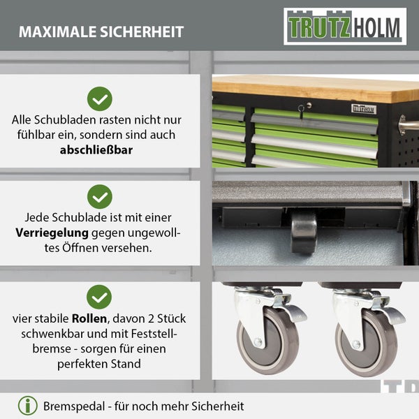 Trutzholm Werkstattwagen mit abschließbaren Schubladen, Verriegelung gegen ungewolltes Öffnen und stabilen Rollen mit Feststellbremse. Trutzholm Logo.