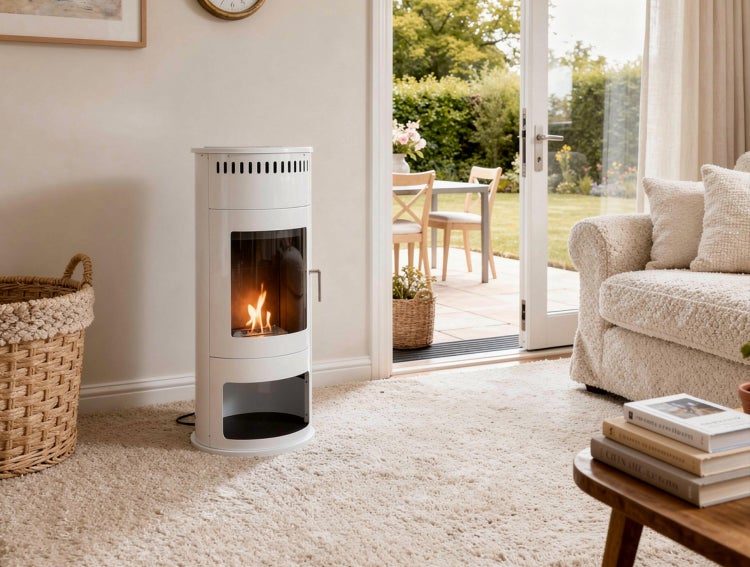 Wohnzimmer mit Bio-Ethanol-Kamin, Teppich und Gartenzugang