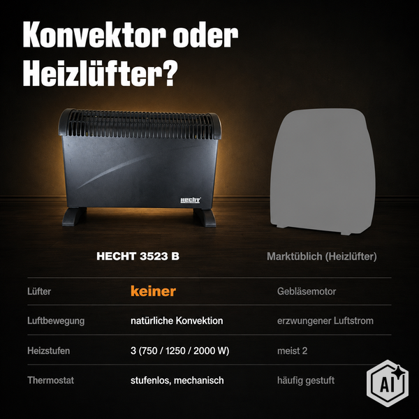 Vergleichsgrafik zwischen dem Konvektor Hecht 3523 B und einem herkömmlichen Heizlüfter mit technischen Angaben zu Leistung und Ausstattung.
