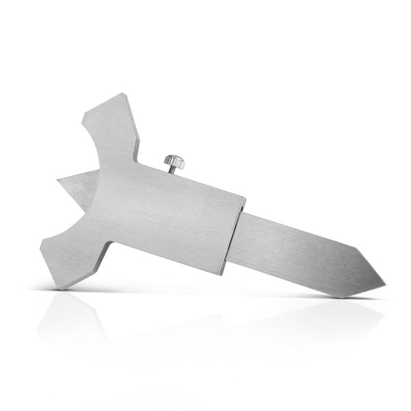 Stahlwerk Schweißnahtlehre aus Edelstahl mit Winkeln von 60, 70, 80 und 90 Grad und verschiebbarer Skala.