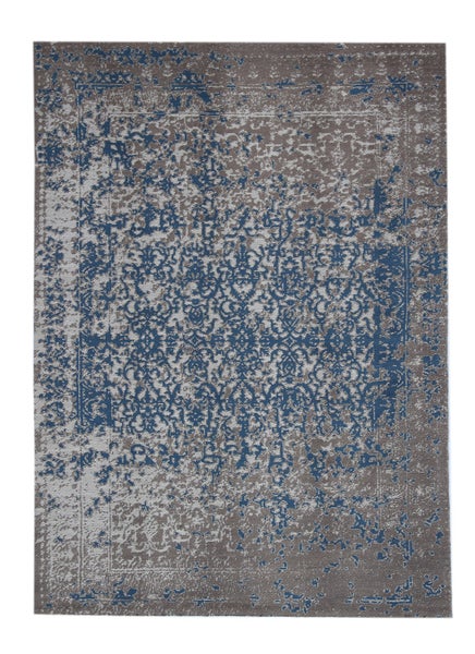 Rechteckiger Kurzflorteppich mit orientalischem Vintage-Muster in Blau und Grau.