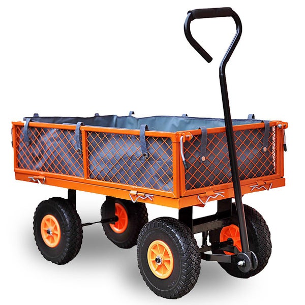 Bollerwagen mit orangefarbenem Metallrahmen, Gitterwänden, grauer Innentasche, Luftbereifung und schwarzer Deichsel.