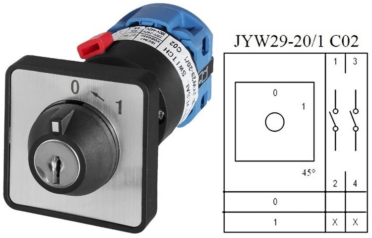 Schlüsselschalter JYW29-20/1 C02 mit Schaltstellungen 0 bis 1 und technischem Diagramm für 45 Grad Schaltwinkel.