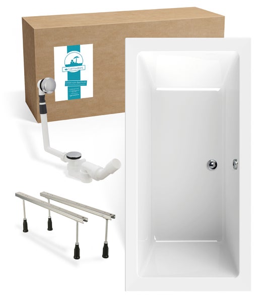 Set mit rechteckiger weißer Badewanne aus Acryl, Ablaufgarnitur, höhenverstellbaren Wannenfüßen und Versandkarton mit Calmwaters Logo.