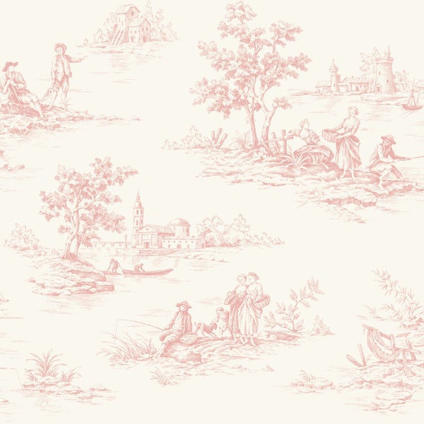 Rote Toile-de-Jouy-Tapete mit ländlichen Szenen, Figuren, Gebäuden und Bäumen.