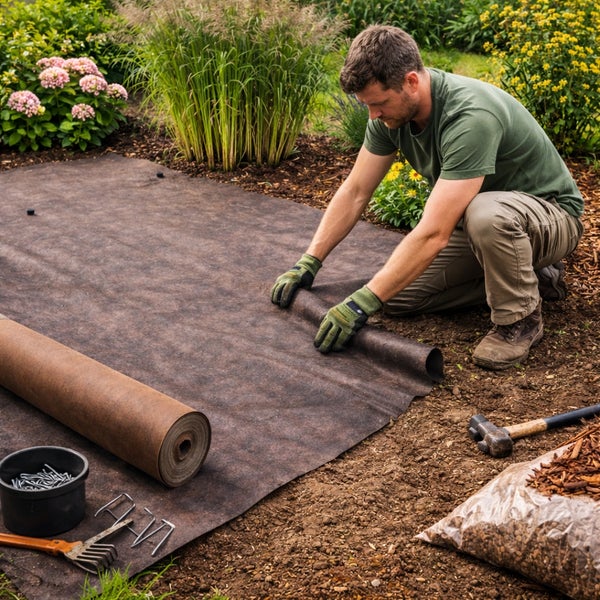 Ein Mann verlegt ein Unkrautvlies im Garten, umgeben von Gartengeräten und Pflanzen.