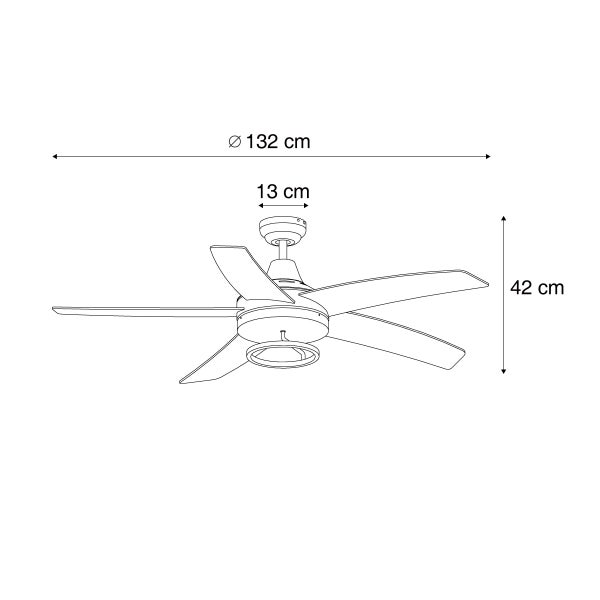 Technische Skizze eines Deckenventilators mit Maßangaben für Durchmesser und Höhe in Zentimeter.