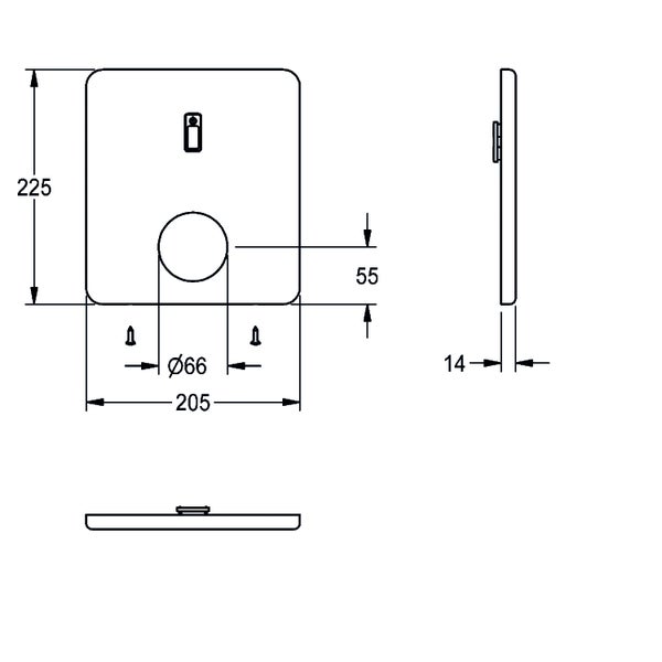 Maßzeichnung einer Betätigungsplatte mit den Maßen 225 mal 205 Millimeter, einer Tiefe von 14 Millimeter und einem kreisförmigen Ausschnitt.