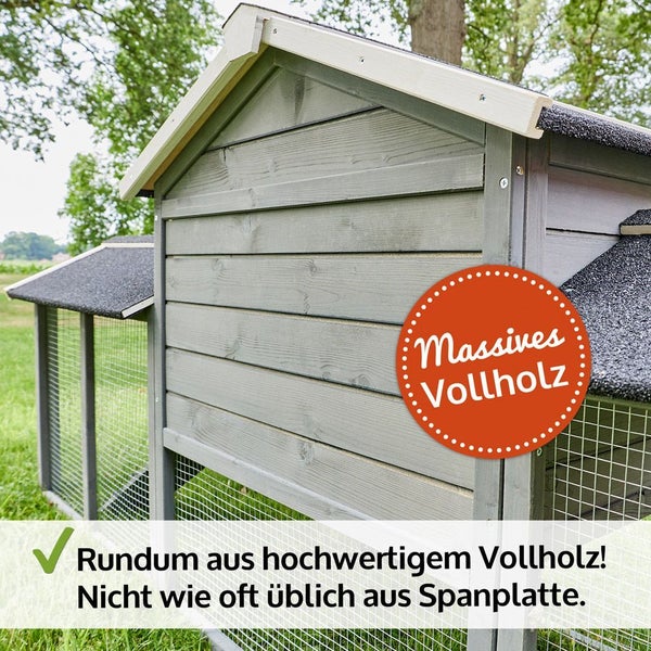 Kleintierstall aus hochwertigem massivem Vollholz mit wetterfestem Dach und integriertem Drahtgittergehege.