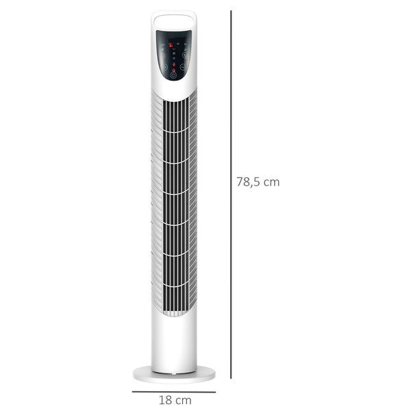 Weißer Turmventilator mit Bedienfeld oben, Höhe 78,5 Zentimeter, Breite 18 Zentimeter.