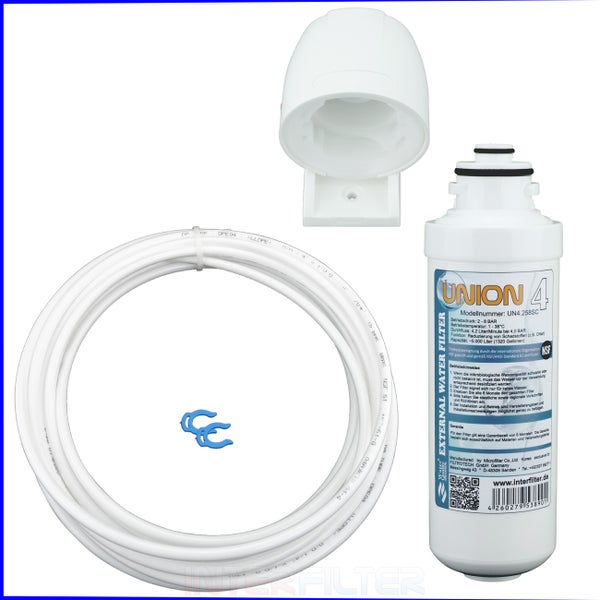 Externer Wasserfilter Union 4 für Kühlschränke mit Schlauch und Halterung zur Wasseraufbereitung.