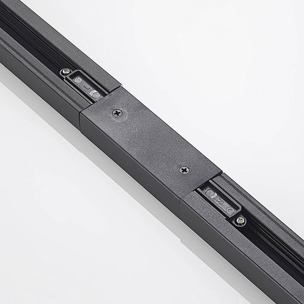 Linearverbinder für Stromschienensystem in Schwarz mit sichtbaren Kontakten und Montageschrauben.