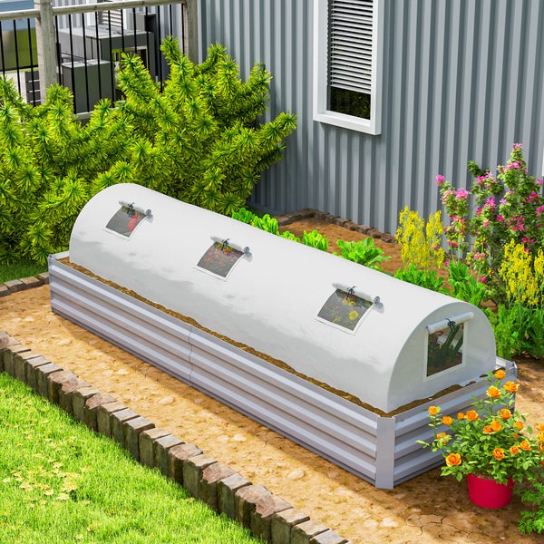 Outsunny Gewächshaus mit Rollfenster Runddach, winterfest Foliengewächshaus aus Stahl wasserabweisend Treibhaus für Balkon Tomatenhaus mit UV schutz 300x80x45cm Tomatengewächshaus für Gemüse, Weiß