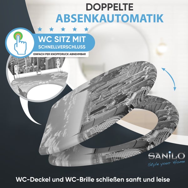 Toilettensitz mit Stadtmotiv, Absenkautomatik und Schnellverschluss zur einfachen Reinigung