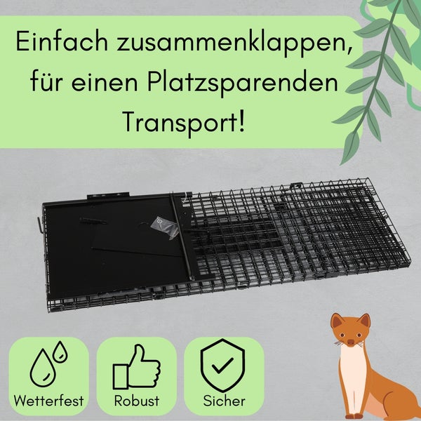 Zusammenklappbare Lebendfalle für einen platzsparenden Transport. Die Falle ist wetterfest, robust und sicher.