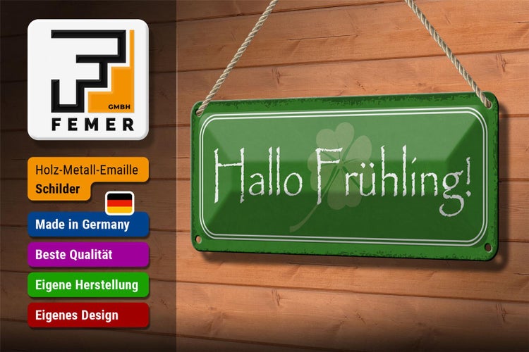 Blechschild Spruch 27x10cm Hallo Frühling Dekoration