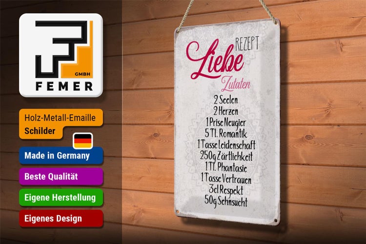 Blechschild Spruch 20x30cm Rezept Liebe Zutaten Schild